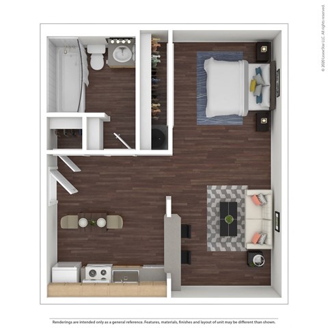 a stylized floor plan with a bedroom and a bathroom
